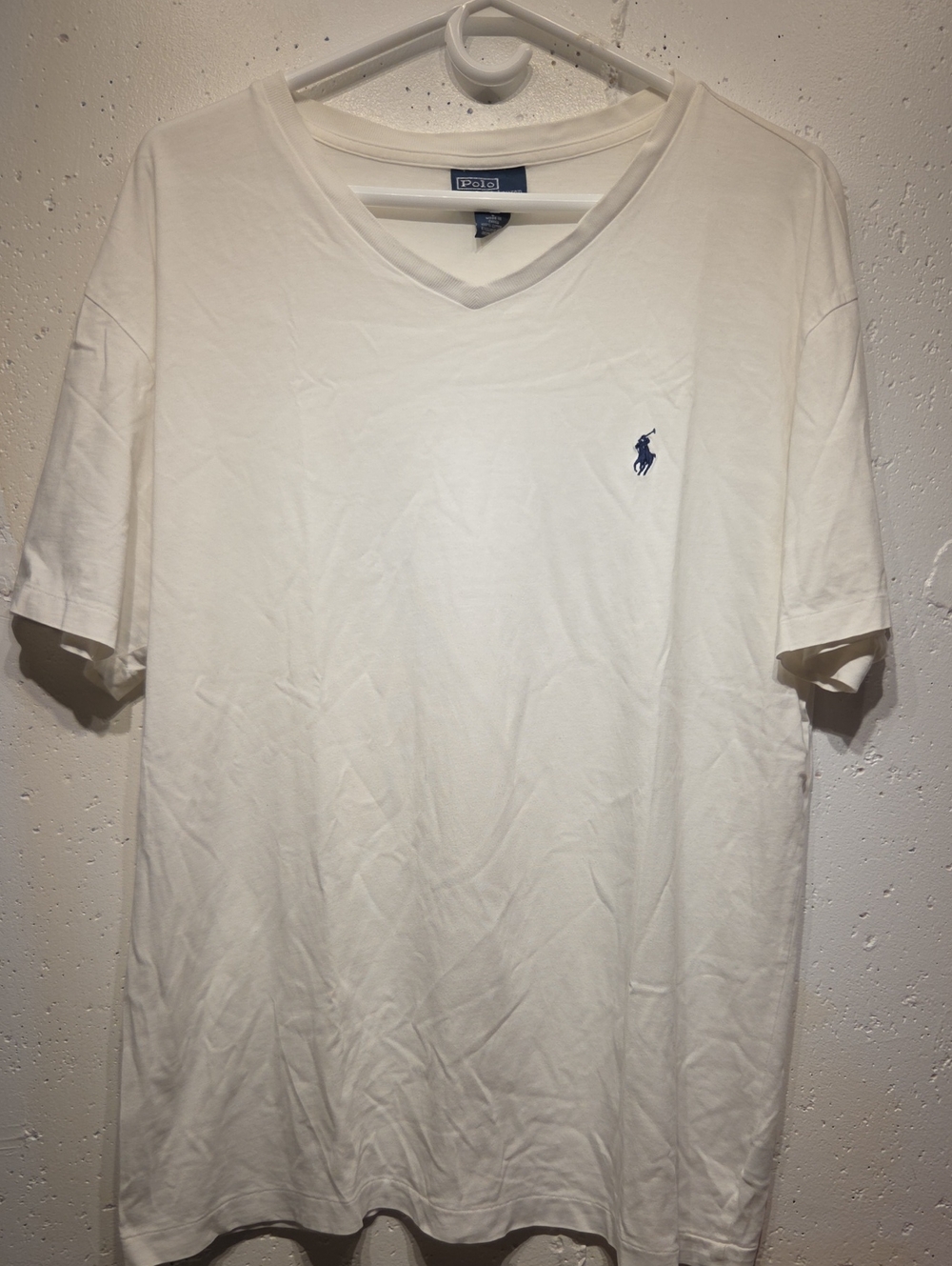Ralph Lauren White V-Neck Tee w/ Navy Embroidered Logo (Large)